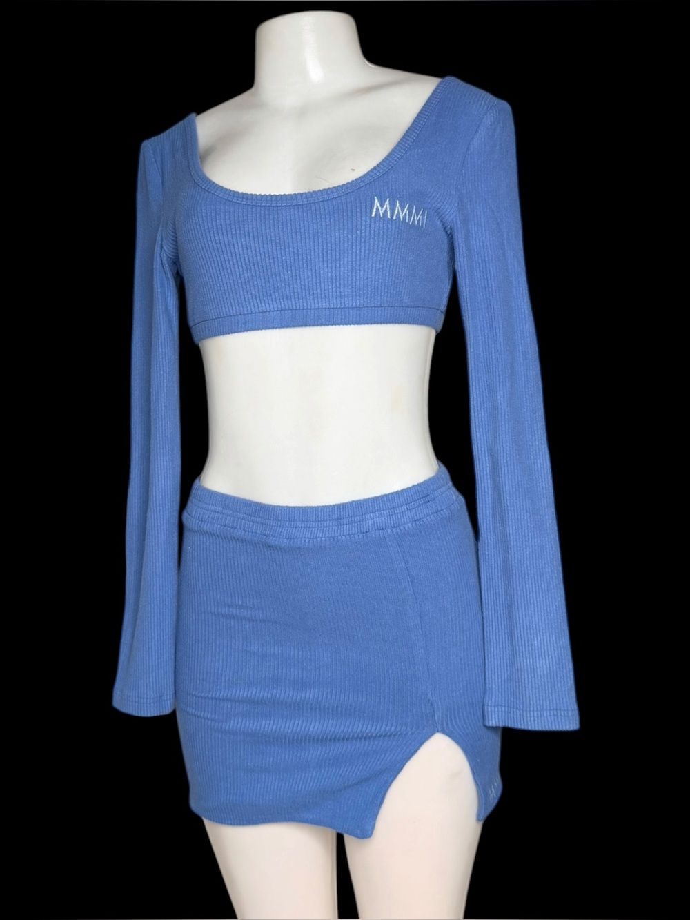 My Mum Made It Blue Ribbed Crop Top Mini Skirt Set Y2K NWT M/L